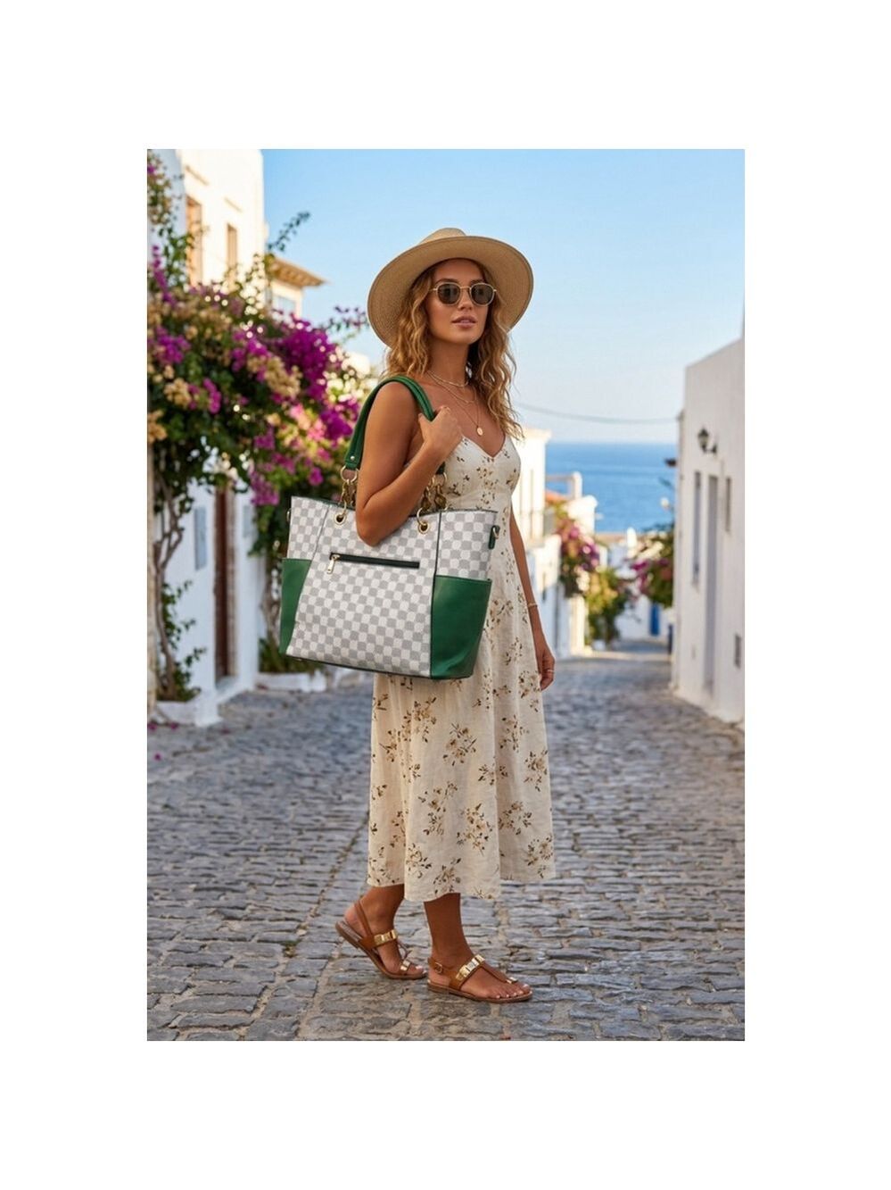Women's MKF Collection Tote Bag White Green Check w/ wallet 
13.5 x 11 x 5